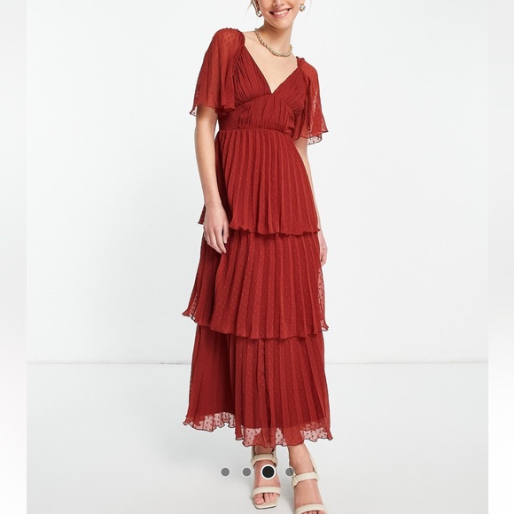 ASOS Design Pleated Textured MIDI Dress with Tiered Skirt - Picture 1 of 4